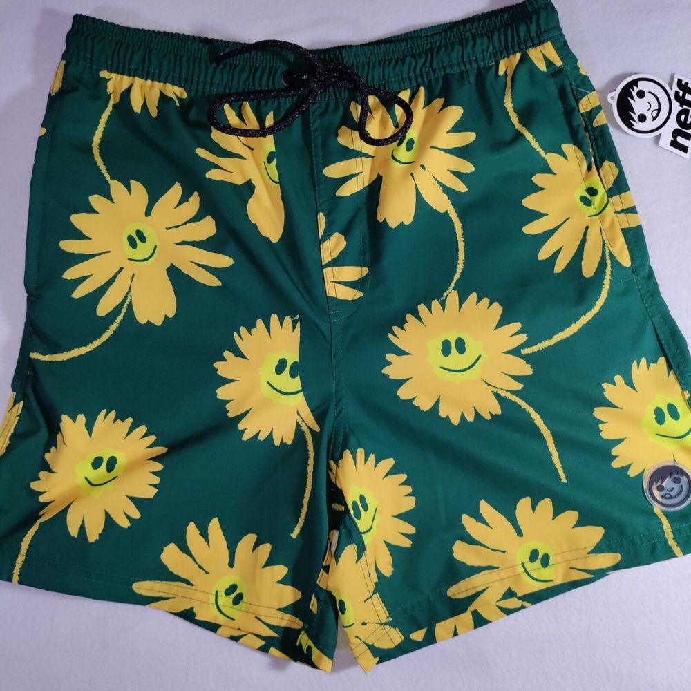 Neff Dazey Swim Trunks Sunflower Daisy 32" Waist Elastic XL - New
